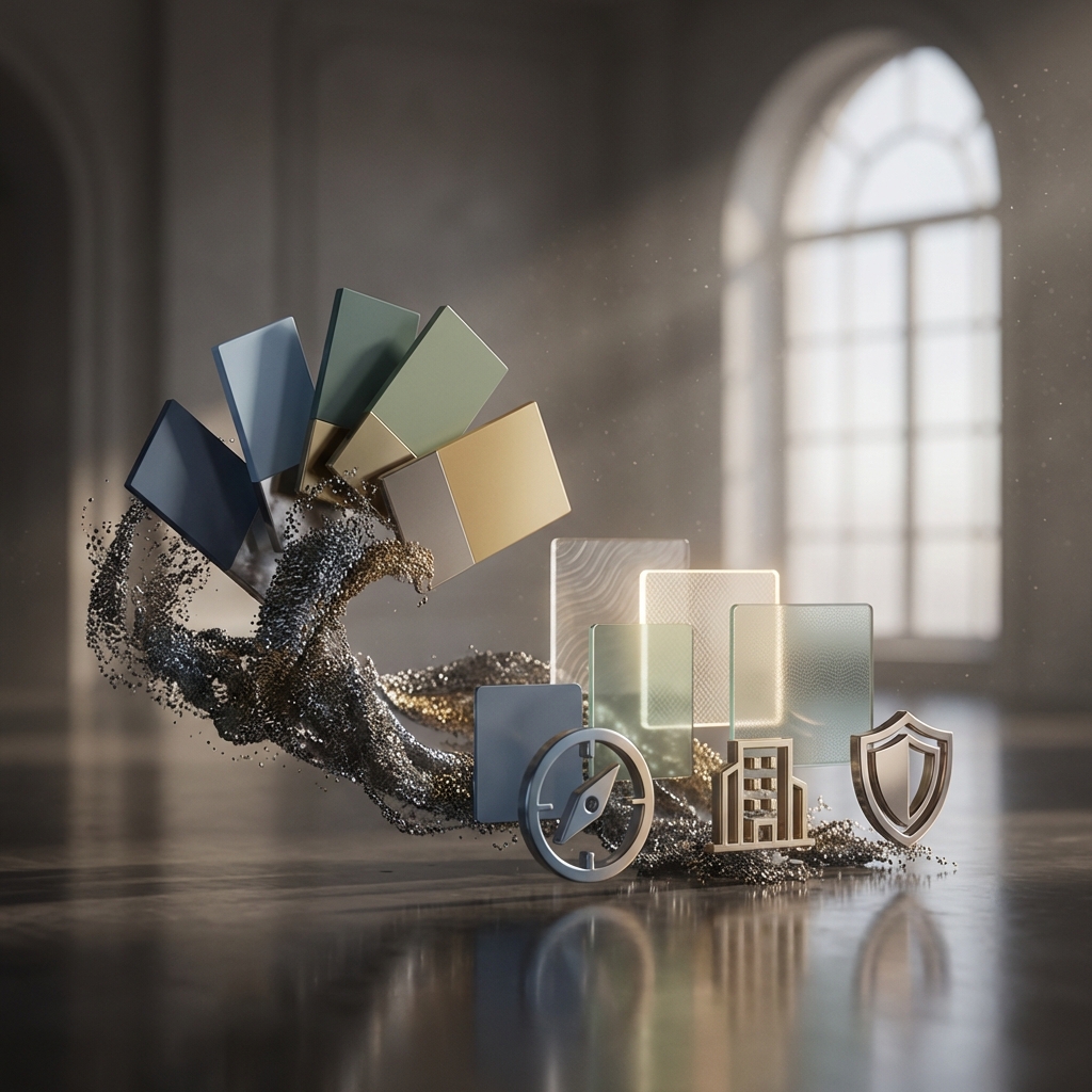 High-end 3D render: brand toolkit objects—color swatches, patterns, icons—forming from particles