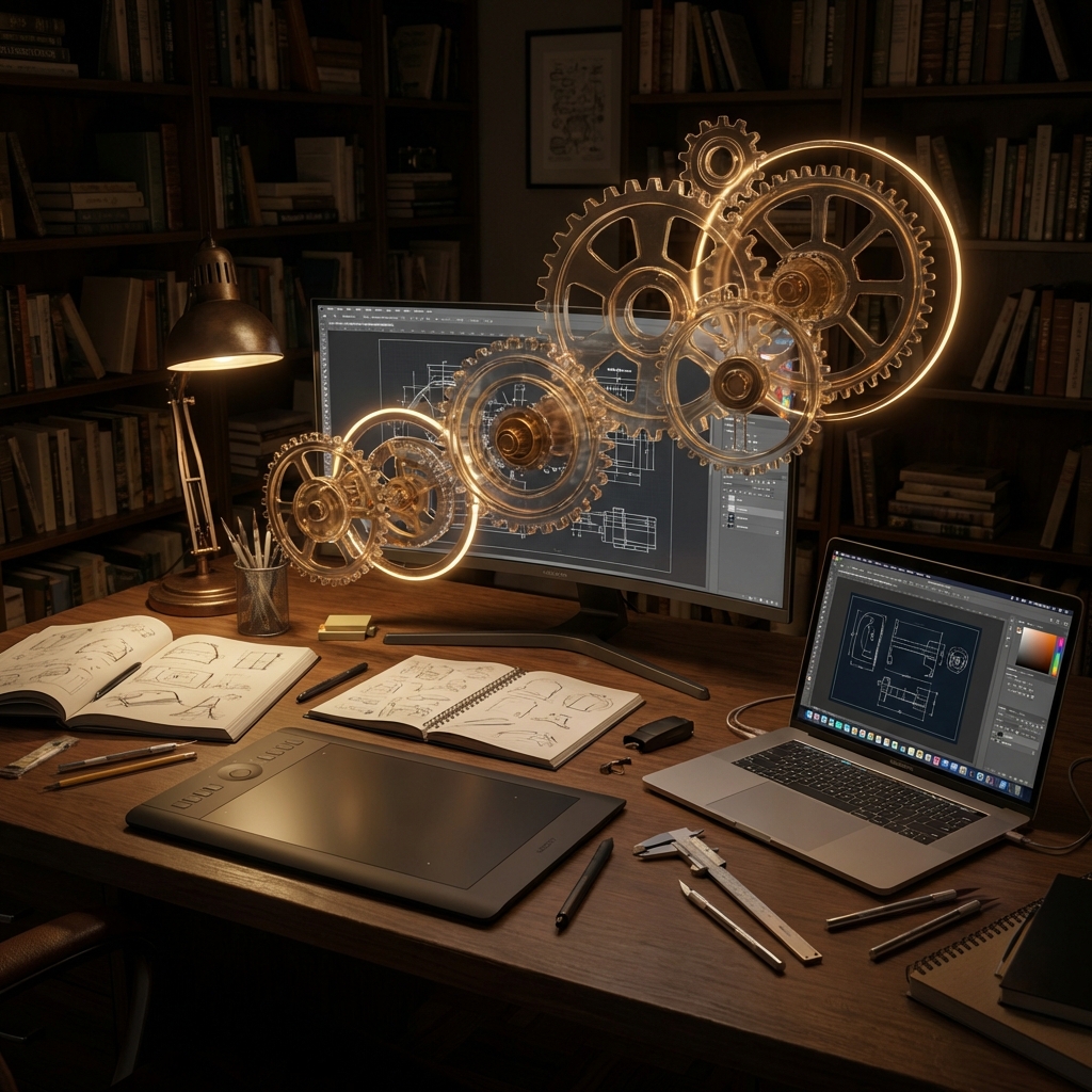 Photoreal workstation: designer tools + automation gears overlay, subtle glow